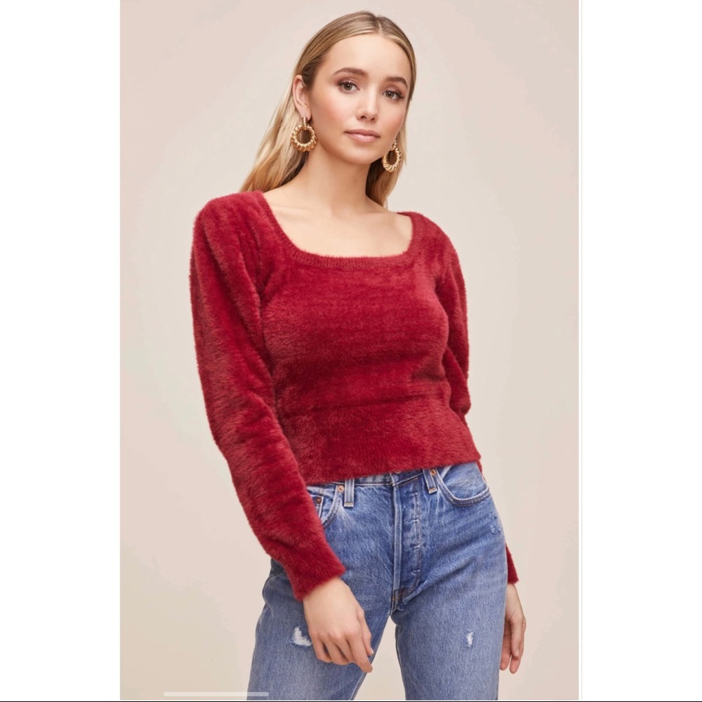 ASTR The Label Fuzzy Puff Sleeve Pullover Sweater Red Wine NEW